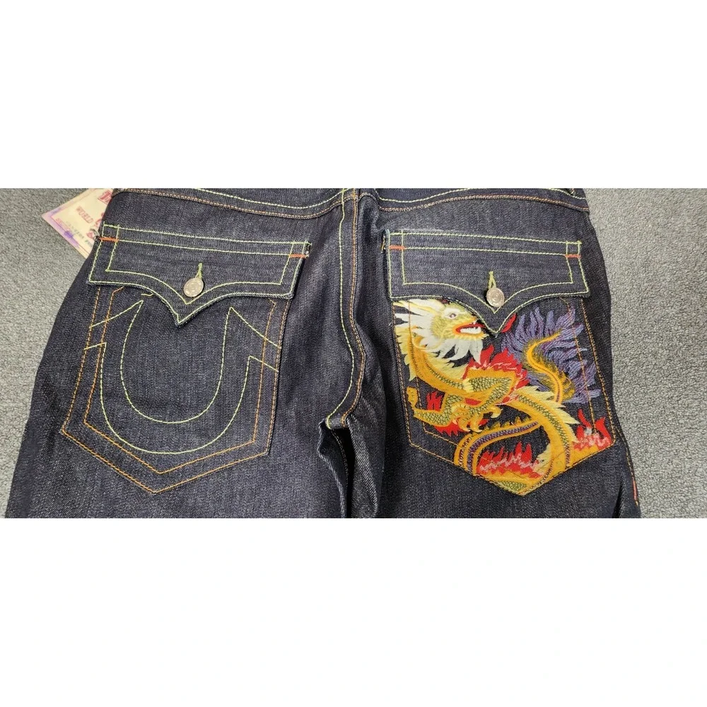True Religion Joey Jeans Mens 38x35 Made in USA Dragon Embroidered Flare Raw Y2K